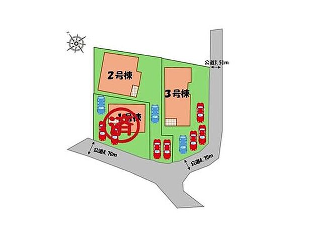 【全体区画図】駐車３～４台可能（車種による）！
急な来客時や、ご家族の自転車スペースとしても大活躍♪