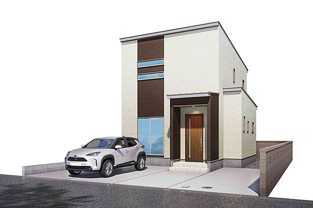 白を基調に木目調のアクセントを組み合わせた、柔らかく親しみやすい外観デザイン。可愛らしい印象を与え、デザイン性と採光性を兼ね備えています！駐車は3台可能◎