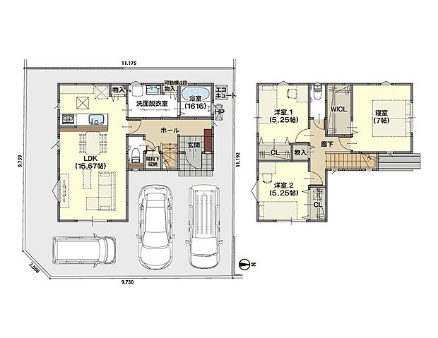 LDK15.75帖の広々空間で家族が自然と集う住まい。水回りが一直線の家事ラク動線や階段下収納など、使いやすさにこだわりました。2階はWIC付きで収納力も◎