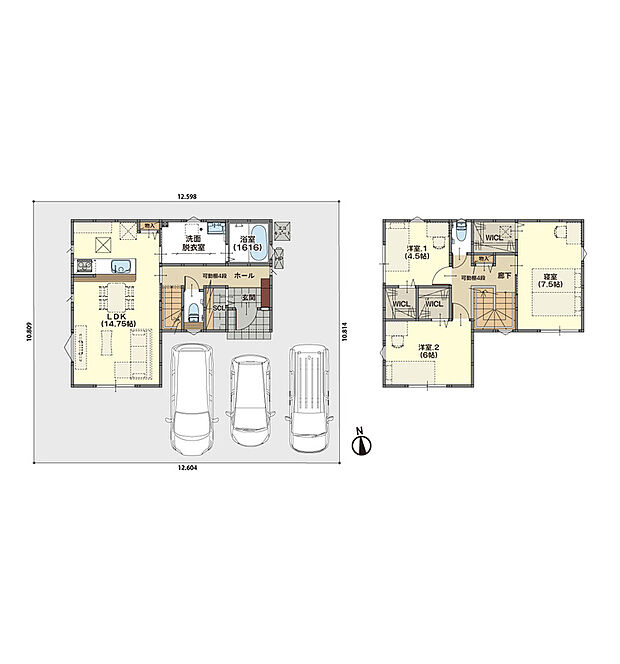 LDKは、水回りをまとめた効率的な家事動線を確保できるよう配置。
2階はCL完備の寝室と洋室!キッチンと2階ホールに物入を設置したプランになっています♪