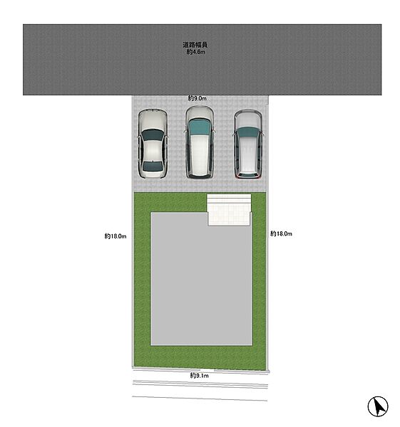 間口は約9ｍのキレイな整形地。3台駐車可能です。