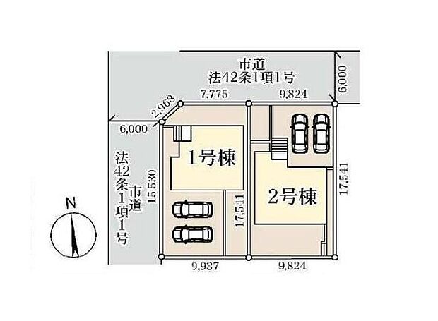 ≪全体区画図≫
開放感あふれる角地を含む全2棟の明るいお住まい♪
カースペース並列2台分完備しております。