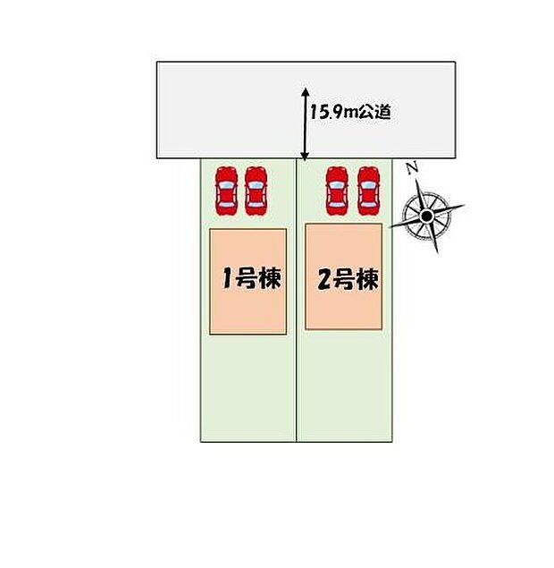 ≪全体区画図≫
カースペース2台分♪
60坪超の広々とした整形地♪