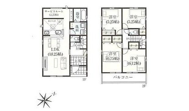 【4LDK】広々としたLDKに、自分好みのインテリアでレイアウト♪キッチン奥には約２．３帖のサービスルームが完備されています♪洋室を2階に集約し、プライバシーにも配慮した間取りプラン。