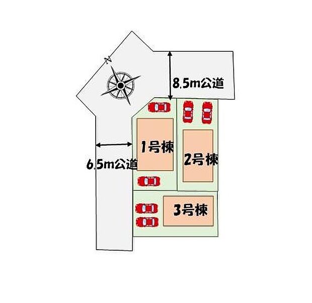 【全体区画図】カースペース2台分♪角地につき陽当たり良好開放感たっぷり♪