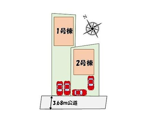【全体区画図】カースペース2台分♪南面道路で陽当たり良好♪