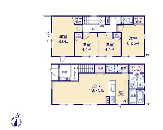 【4LDK】全居室南向きの明るい邸宅♪広々としたLDKに、自分好みのインテリアでレイアウト。季節ごとに模様替えなども、楽しみの一つとなりそうです♪洋室を2階に集約した間取りプラン♪