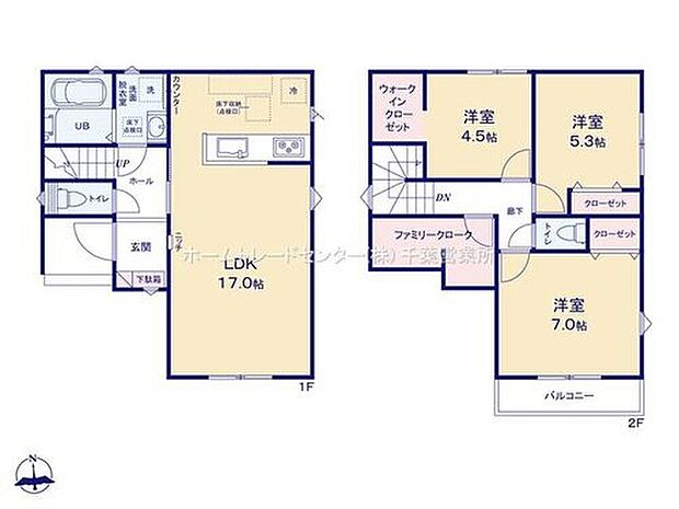 【3LDK】２階には大型のファミリークロークを完備しているのでご家族の衣類や物を一度に収納ができます♪そのぶんお部屋もスッキリ使えますね♪広々１７帖のLDK！対面キッチンからはLDK全体を見渡せます♪