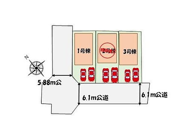 【全体区画図】角地につき陽当たり良好♪カースペース２台分♪