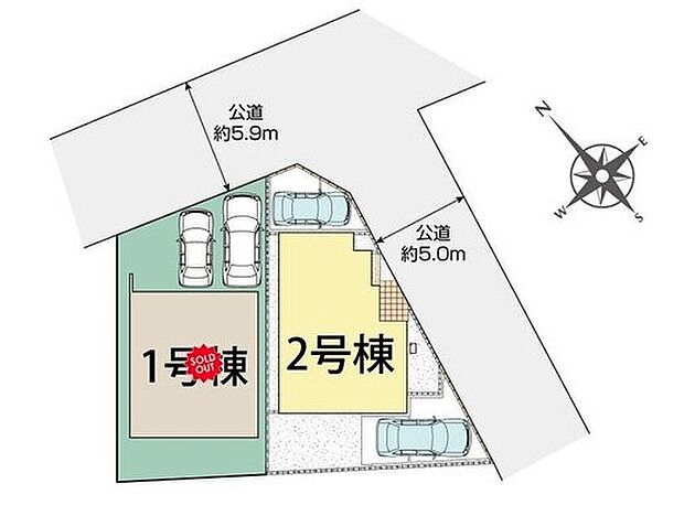 【全体区画図】カースペース2台分♪角地につき陽当たり良好♪