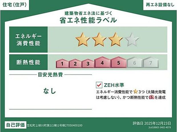 こちらの物件はZEH水準を満たした、省エネ性能に優れた物件です。