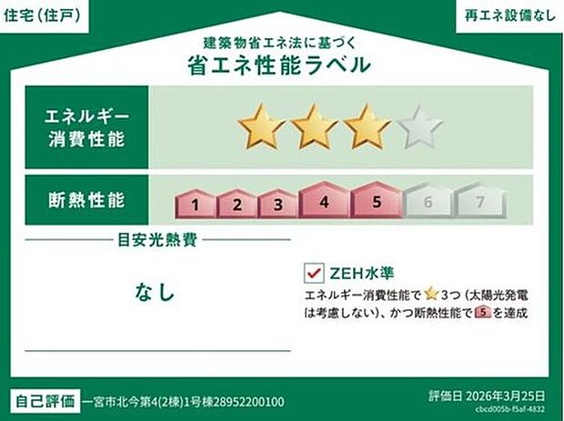 こちらの物件はZEH水準を満たした、省エネ性能に優れた物件です。　


