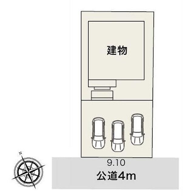 【全体区画図】1号棟 2,080万円
並列3台駐車可能なカースペースを確保しました♪