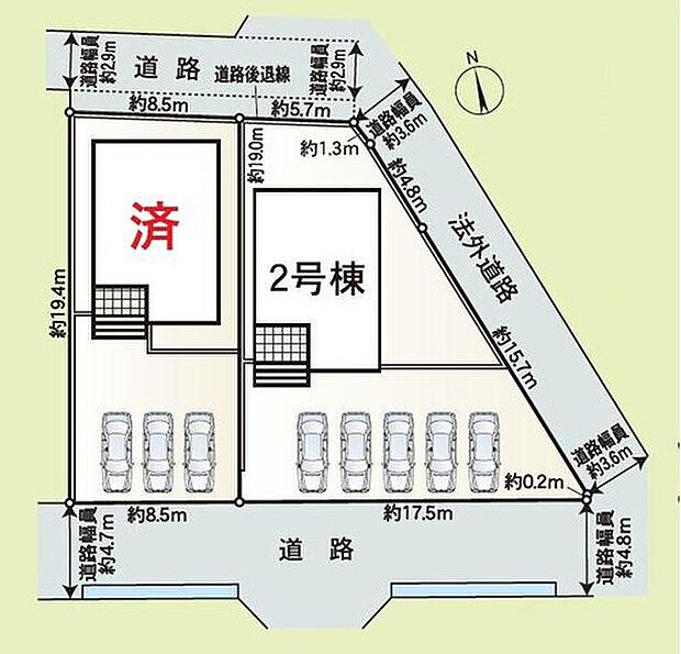 【全体区画図】1号棟 ご成約済み
2号棟 2,190万円
3~5台分(号棟による)のカースペースを確保しました☆