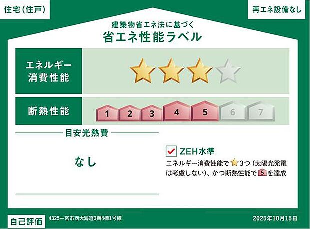 【省エネ性能ラベル】こちらの物件はZEH水準を満たした、省エネ性能に優れた物件です。光熱費を抑えて暮らすことができるだけでなく、「熱の入りにくさ・逃げにくさ」という観点でも影響を受けにくい建物のため、長く快適にお過ごしいただけます♪※本ラベルは特定の住戸の性能を示すものであり、全ての住戸の性能を示すものではありません。