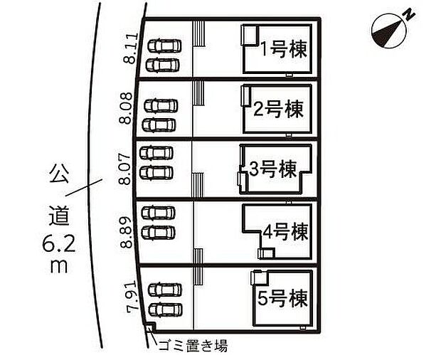 【全体区画図】１号棟　２，７８０万円
２号棟　２，７８０万円
３号棟　２，７８０万円
４号棟　２，７８０万円
５号棟　２，５８０万円

並列２台駐車可能なスペースを確保しました☆