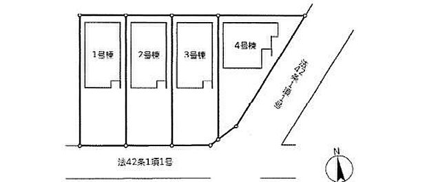 【全体区画図】１号棟　２，２８０万円
２号棟　２，２８０万円
３号棟　２，２８０万円
４号棟　２，３２０万円


並列２台分のカースペース☆