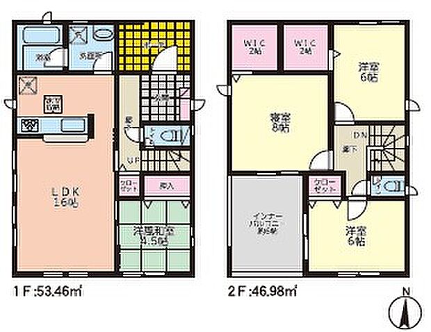 1号棟：ダブルＷＩＣで収納に困りません♪リビングに隣接した和室は客間やキッズスペースに最適な一室です。