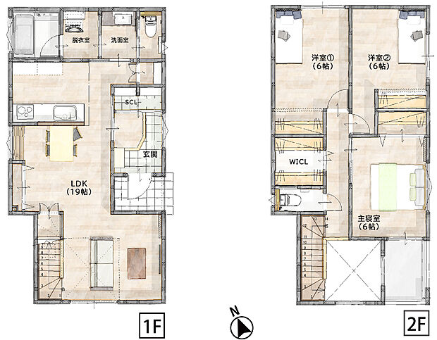 吹き抜けが明るさと開放感を演出するLDK。
SCLやWICLなど収納も充実しており、家族が自然と集まる快適な住まい。