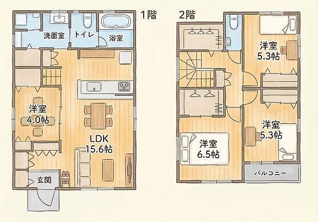 【参考間取図】建物面積94.58m2
全居室収納付きで住空間すっきり♪対面キッチンを採用した暮らしやすい間取り
