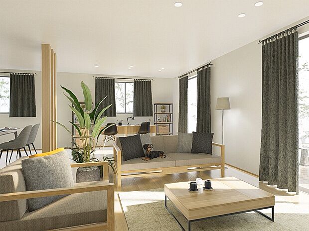 家族が集まるリビングは広々30帖! ご家族が自然に集まれる空間を考えました。大切なお家時間も自然に演出。※施工事例です。実物とは異なります。