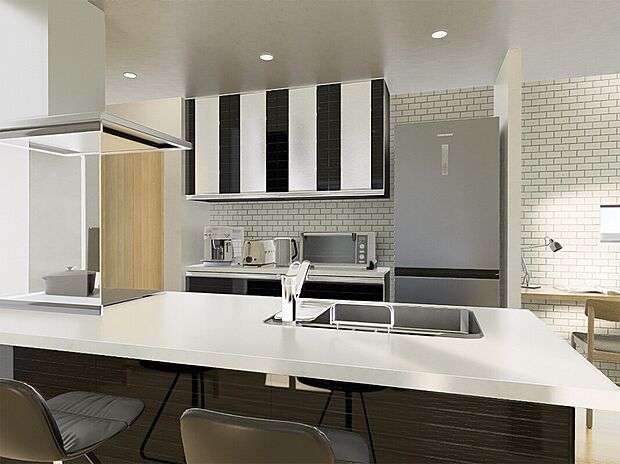 ペニンシュラキッチン(半島型)を採用。 解放感があり、コミュニケーションを取りやすいのが特徴です。※施工事例です。実物とは異なります。