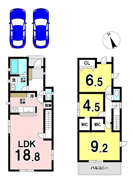 3LDKの間取り
駐車2台可能
(1号棟)
