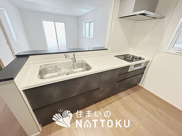 現地写真(キッチン)
収納たっぷりのシステムキッチン、浄水器付水栓を標準装備しています。