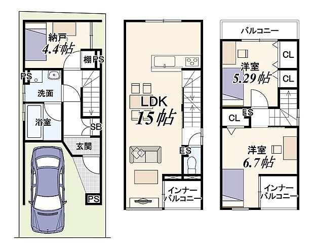 (2号地)2SLDK、価格3499万円、土地面積45.62m2、建物面積85.93m2