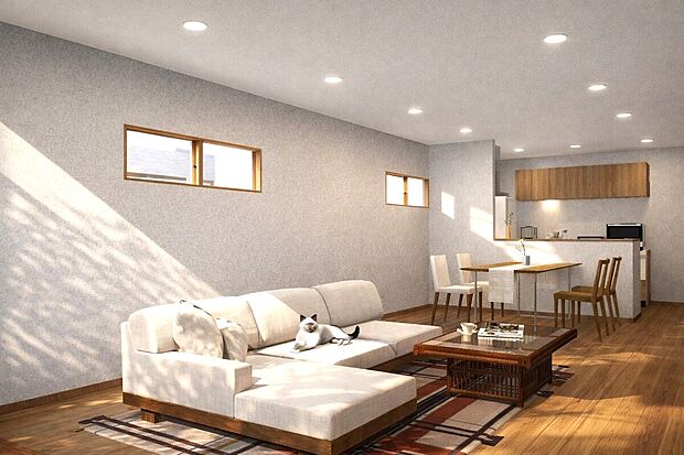 【完成イメージパース(リビング)】
現在未完成のため、実際の暮らしをイメージしやすいモデルハウスへご案内いたします。ぜひお気軽にお問い合わせください!