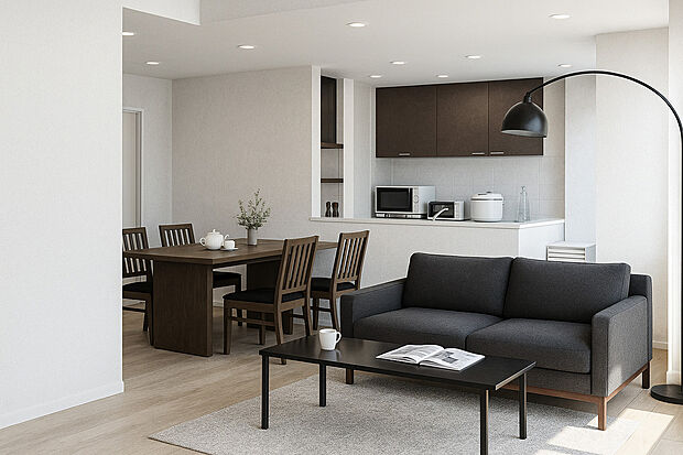 【完成イメージパース】
17.75帖の広々リビング。家族との時間を大切にしたい方にぴったり。2階リビングで眺めも良く、プライバシーも確保できます。