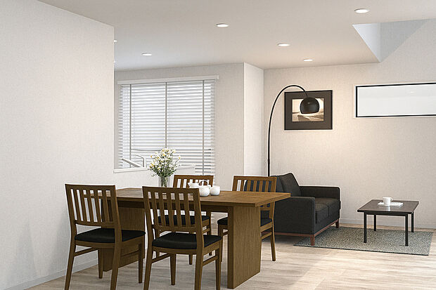 【完成イメージパース】
ダウンライトはスペースを取らないため、リビングを広々と見せてくれます。 他のインテリアをアクセントにしたい方にも嬉しいお部屋です。