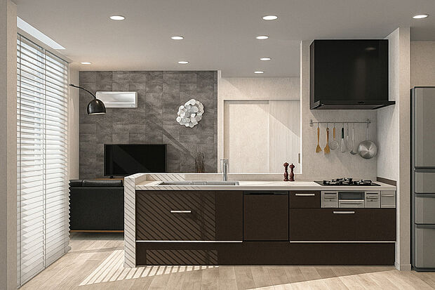 【完成イメージパース】
リビングが見渡せるカウンターキッチンです。家事をしながらご家族と一日の出来事を話したり。コミュニケーションが取りやすく、家族の存在を近くに感じます。