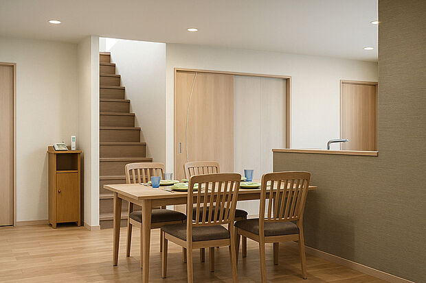 【【完成イメージパース(Cプラン)】】■家族が必ずリビングを通るリビング階段のある間取り。顔を合わせる機会が自然と増え、声をかけ合える安心感も。日々の何気ない交流が笑顔を育む、家族思いの住まいです。