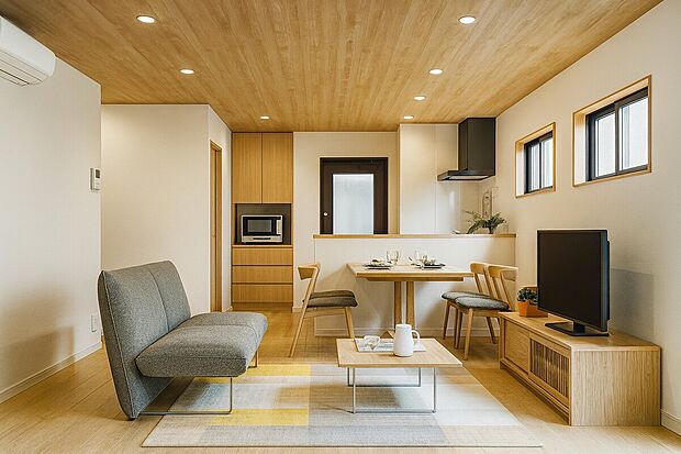 【【完成イメージパース(リビング)】】■家族がゆったりくつろげる明るいリビング。ダウンライトが広々とした空間をやさしく照らし、お気に入りのインテリアも映えます。毎日の時間がより心地よくなります。