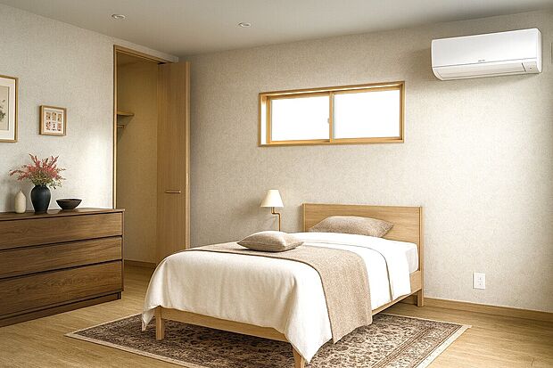 【【完成イメージパース(洋室7.5帖)】】■ウォークインクローゼット付きで季節物も分けて収納することができ、煩わしい衣替えの必要がありません。急な気温の変化で必要になった際も探しやすく、身支度もスムーズ。