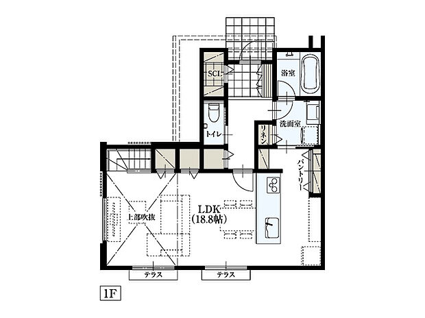 【No.1区画　1階参考プラン】※本プランは参考プランの一例です。採用につきましては土地ご購入者様の自由な判断に委ねられます。
※この参考プランによる建築予定代金のほかに外構工事費として約260万円必要です。家具・調度品は価格に含まれません。詳しくは係員にお尋ねください。
【プラン内容に含まれるもの】本体工事費・付帯工事（屋外給排水・ガス工事費）・建築確認申請料・設計料
※家具・調度品等はイメージです。
