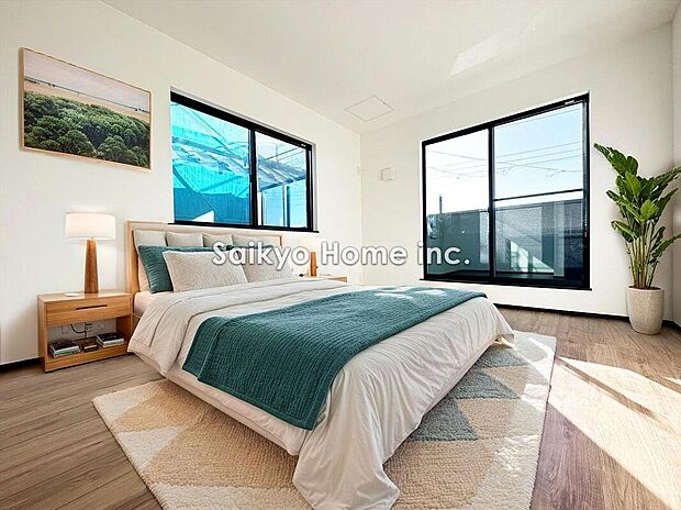 【洋室】2面採光を確保した明るい室内は、風通しも良く、大変居心地の良い空間となっております。爽やかな風を感じて起きる朝は、快適生活の始まりに!※家具などはCG加工しております。