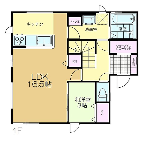 【3SLDK+WIC】1階部分の間取り図になります。
3帖の和洋室は小さなお子様のプレイルームやテレワーク部屋にどうでしょうか。