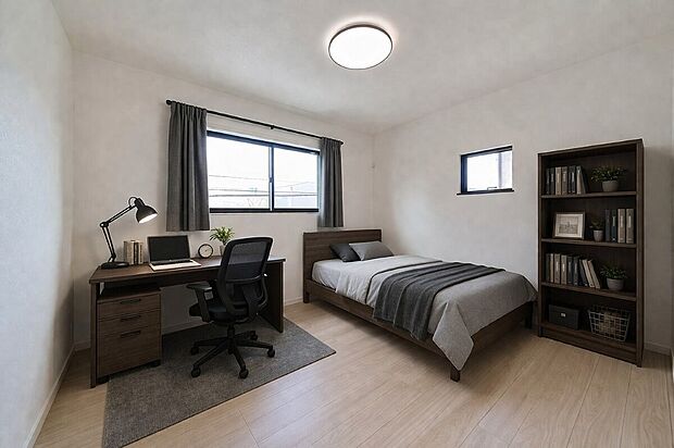 【寝室】【施工例】寝室には大容量のクローゼット完備！豊富な収納スペースで、衣類や個人のアイテムを整理整頓することができます。スッキリした寝室は癒しの空間を提供します。※家具等の配置はイメージです。