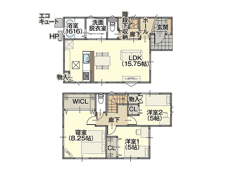 LDKは約15帖♪対面式キッチンで料理をしながら家族との会話も楽しめます！2階には収納スペース完備の洋室と寝室がございます。トイレも各階設置で便利設計◎