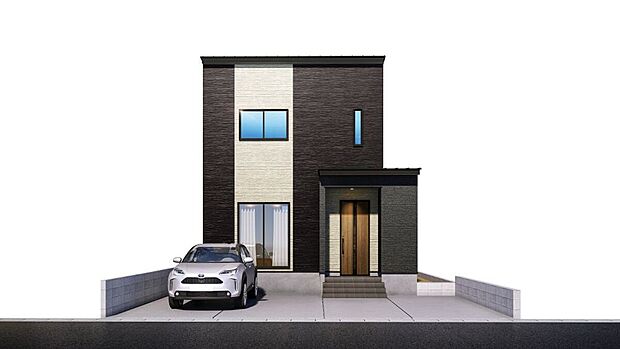 スタイリッシュなダークグレーとホワイトのツートンカラーが映える、都会的で洗練された外観デザイン。玄関は落ち着いた木目調のドアを採用し、高級感を演出。駐車は3台可能です◎