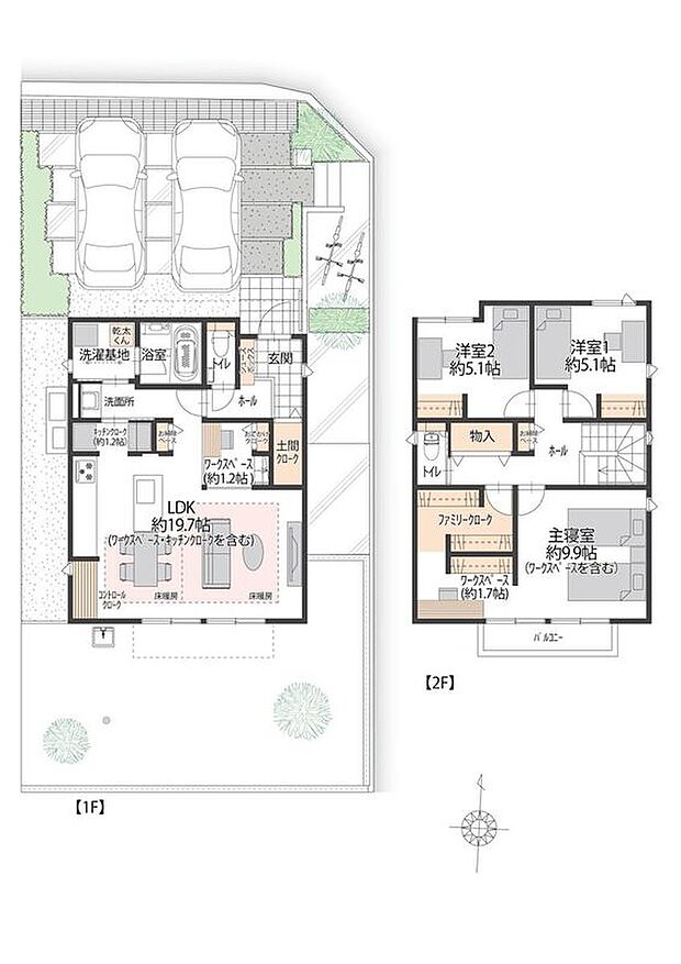 【3LDK】■1号地間取図
1号地のLDKには、スムーズな動線を実現するキッチンがございます。また収納スペースも豊富で、土間クローク、キッチンクローク、ファミリークロークなど、用途別にしまい分けられます。