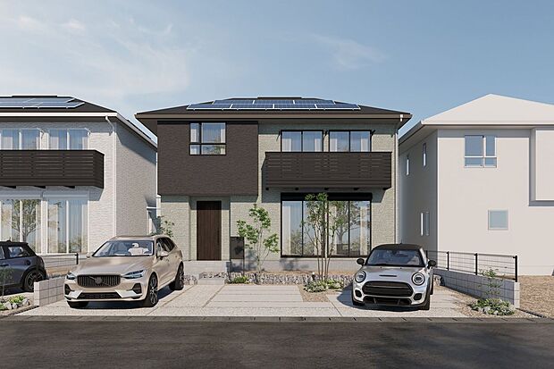 【外観パース図】■3号地外観（パース）いつまでも飽きのこない、愛着を感じる家となるよう、均整の取れたシルエットと、自然な色合いのデザインを施しています。3台駐車可能です(車種による)　