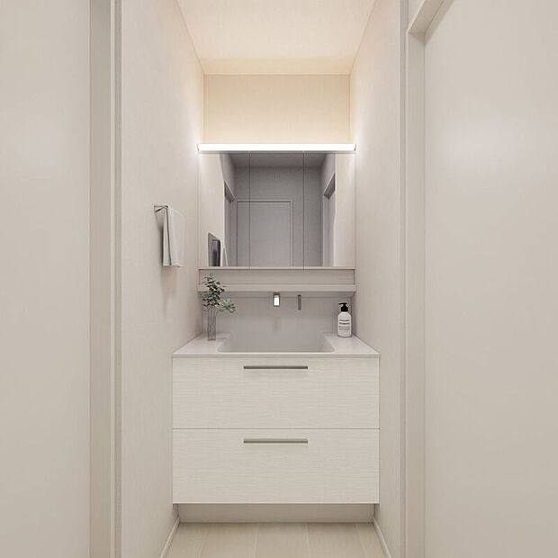 【完成予想図（内観）】■1号地洗面（パース）洗面所には３面鏡を採用。洗面ボウル下の収納はスライド式のため奥までたっぷり収納可能です。