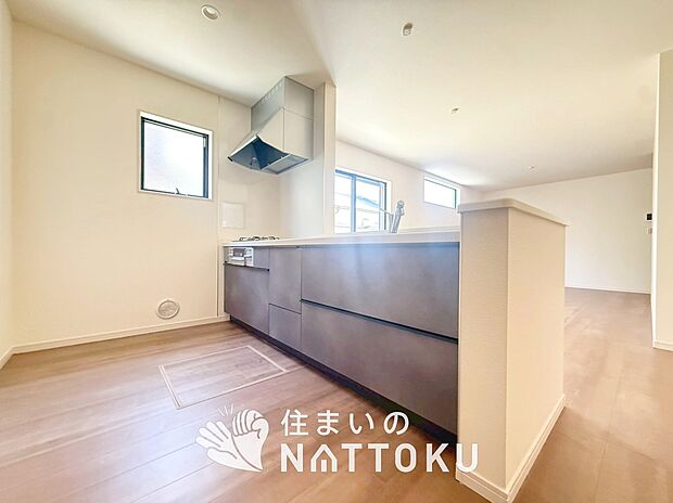 【現地写真（キッチン）】収納たっぷりのシステムキッチン、浄水器付水栓を標準装備しています。