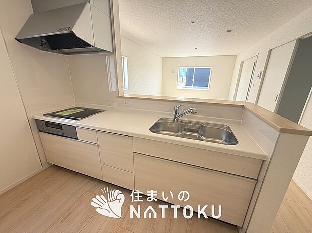 【現地写真(キッチン)】収納たっぷりのシステムキッチン、浄水器付水栓を標準装備しています。