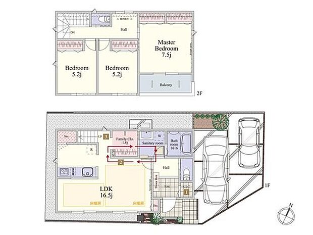 【3LDK】全居室が南向きとなって明るい居室になる家！
リビング→キッチン→ファミリークローゼット→サニタリールーム→玄関ホールが回遊できる「家事ラク動線」となっています。