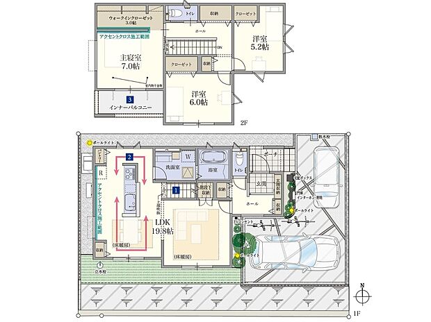 【3LDK】19.8帖のLDKにあるキッチンは、スムーズな移動ができる動線計画となります。2階を含めた全居室が南向きに配置されているので、全ての居室が明るい空間となります。