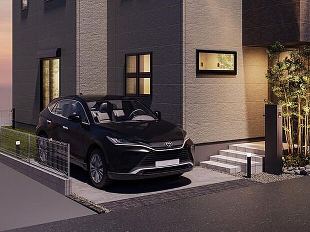 【【1号棟 完成イメージパース】】駐車スペース1台確保。
※掲載のCGはイメージであり、外構(門柱・フェンス・駐車場・舗装材、水栓等)は実際とは異なります。